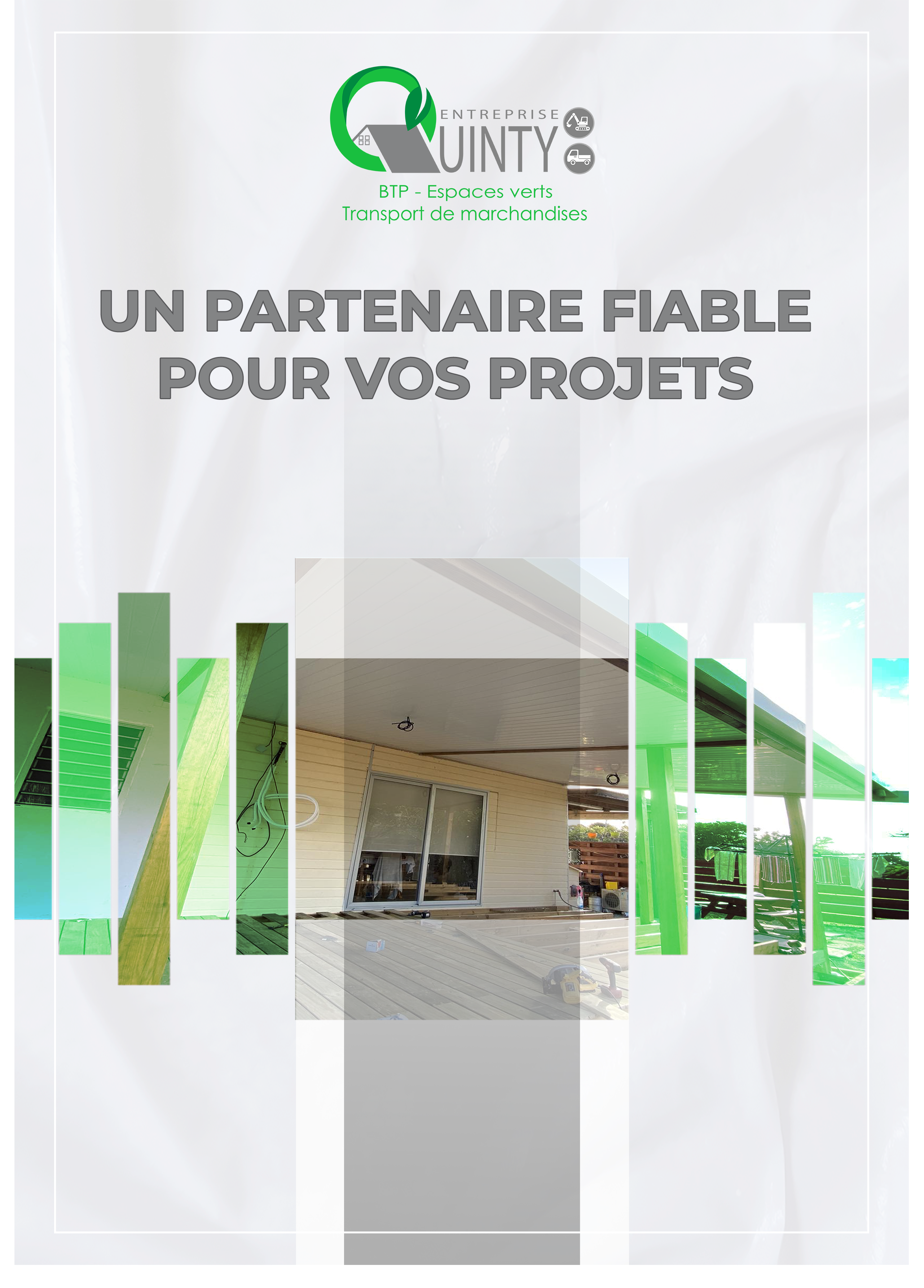 Page de couverture de l’Entreprise Quinty présentant le slogan « Un partenaire fiable pour vos projets », société spécialisée en BTP, espaces verts et transport de marchandises en Nouvelle-Calédonie.